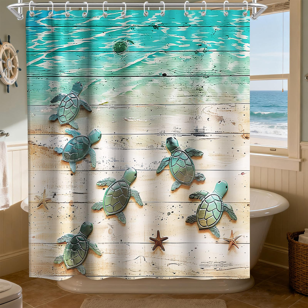 70.8" Final Friday Green Beach Sea Turtle Shower Curtain Nautical Teal Theme Fabric Bathroom Blue Ocean Decor