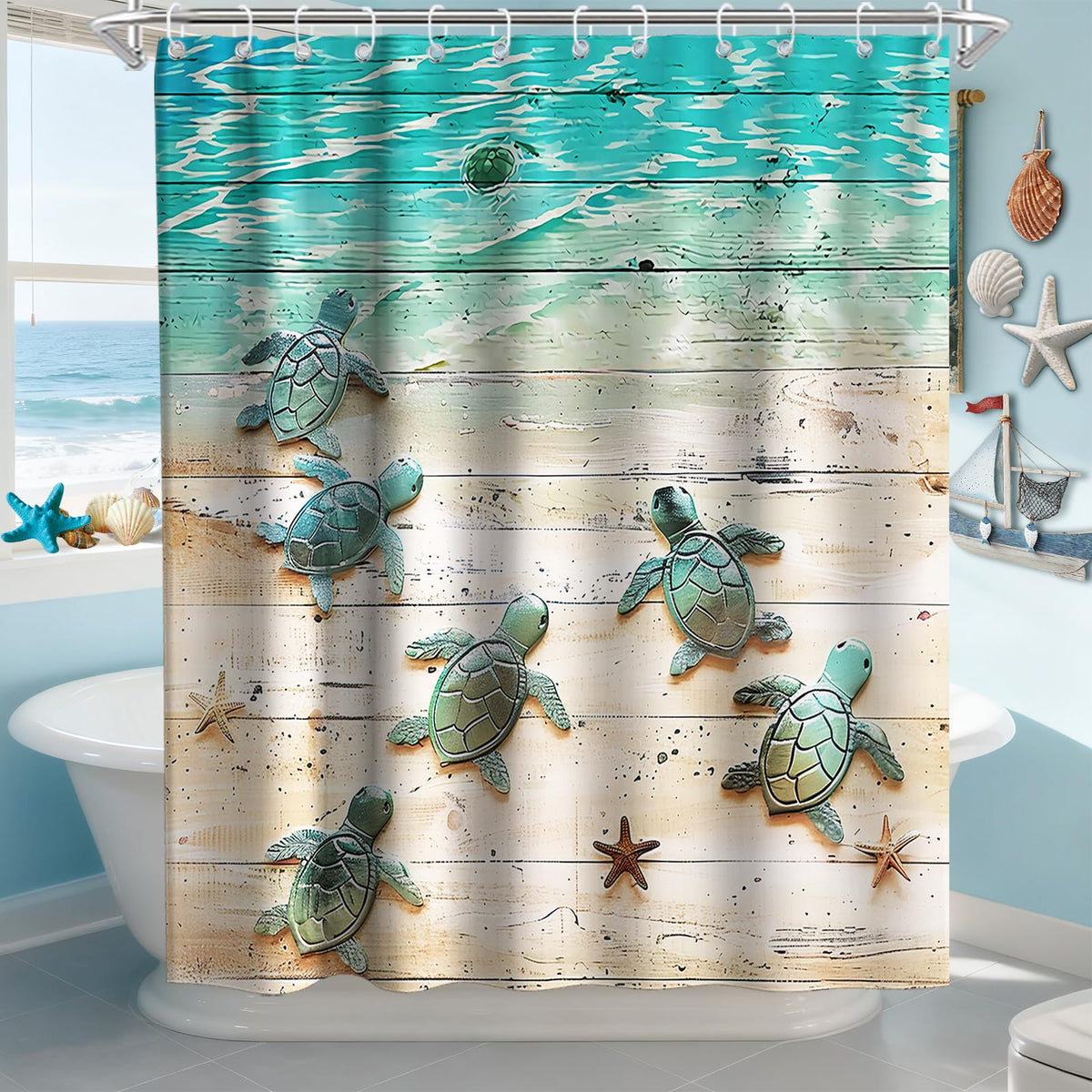 70.8" Final Friday Green Beach Sea Turtle Shower Curtain Nautical Teal Theme Fabric Bathroom Blue Ocean Decor