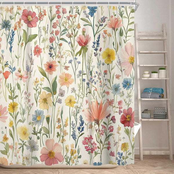 Floral Shower Curtain, 70.8" Vintage Flower Watercolor Plant Style Shower Curtain, Boho Colorful Wildflower
