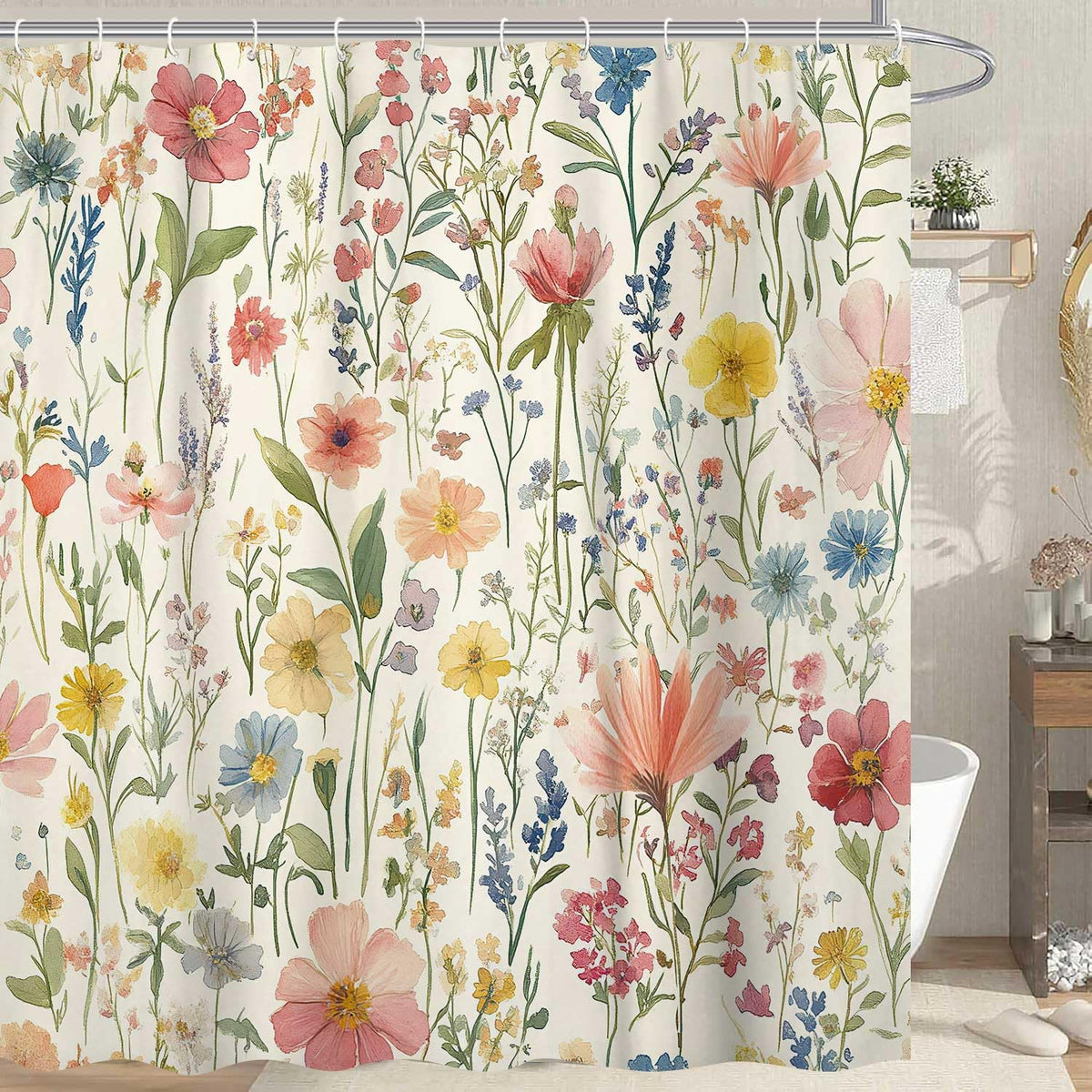Floral Shower Curtain, 70.8" Vintage Flower Watercolor Plant Style Shower Curtain, Boho Colorful Wildflower