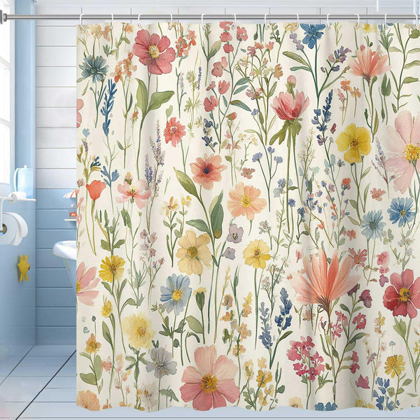 Floral Shower Curtain, 70.8" Vintage Flower Watercolor Plant Style Shower Curtain, Boho Colorful Wildflower