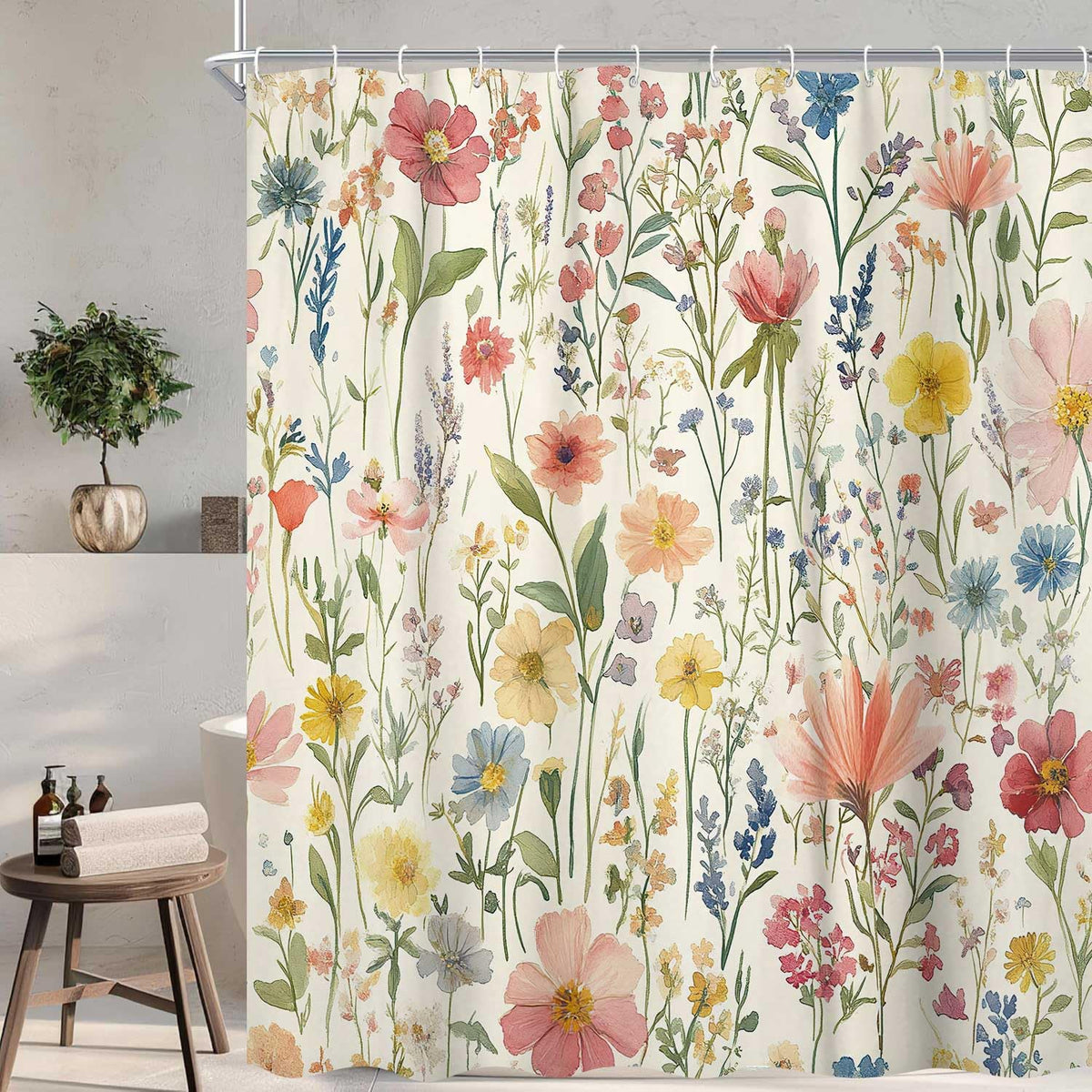 Floral Shower Curtain, 70.8" Vintage Flower Watercolor Plant Style Shower Curtain, Boho Colorful Wildflower
