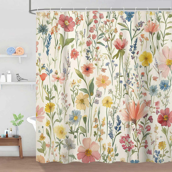 Floral Shower Curtain, 70.8" Vintage Flower Watercolor Plant Style Shower Curtain, Boho Colorful Wildflower