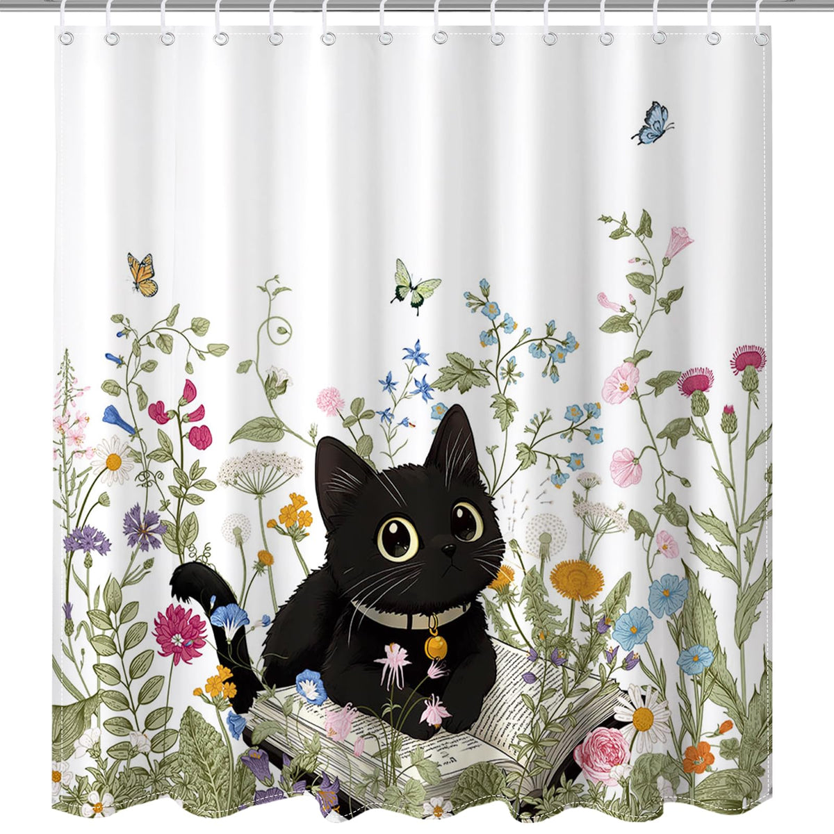 Floral Shower Curtain for Bathroom, Cute Cat Wildflowers Shower Curtain, 70.8" Waterproof Polyester