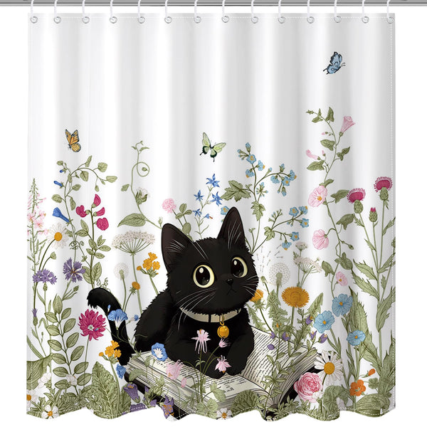 Floral Shower Curtain for Bathroom, Cute Cat Wildflowers Shower Curtain, 70.8" Waterproof Polyester