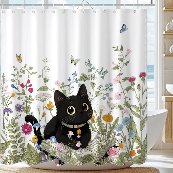 Floral Shower Curtain for Bathroom, Cute Cat Wildflowers Shower Curtain, 70.8" Waterproof Polyester