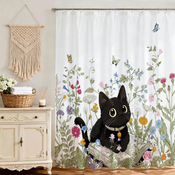 Floral Shower Curtain for Bathroom, Cute Cat Wildflowers Shower Curtain, 70.8" Waterproof Polyester