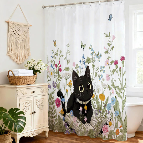 Floral Shower Curtain for Bathroom, Cute Cat Wildflowers Shower Curtain, 70.8" Waterproof Polyester