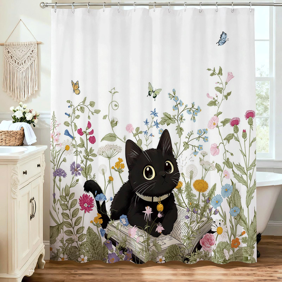Floral Shower Curtain for Bathroom, Cute Cat Wildflowers Shower Curtain, 70.8" Waterproof Polyester