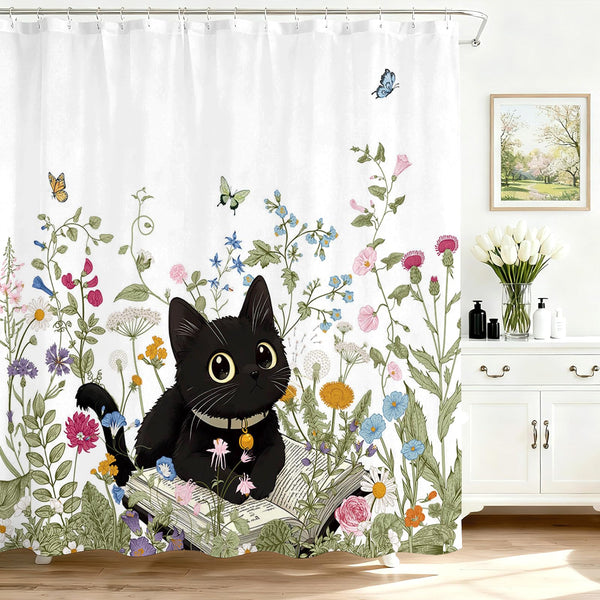 Floral Shower Curtain for Bathroom, Cute Cat Wildflowers Shower Curtain, 70.8" Waterproof Polyester