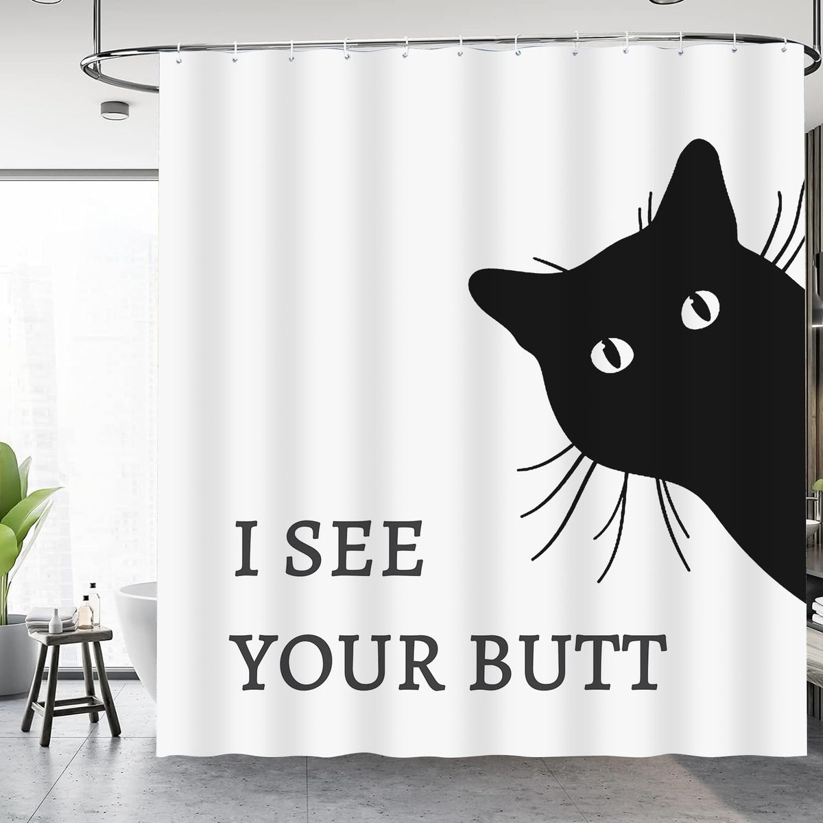 Funny Cat Shower Curtain 70.8" Farm Waterproof Fabric Shower Curtain with Hooks - I See Your Butt