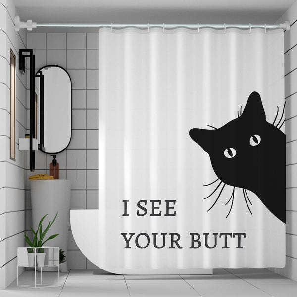 Funny Cat Shower Curtain 70.8" Farm Waterproof Fabric Shower Curtain with Hooks - I See Your Butt