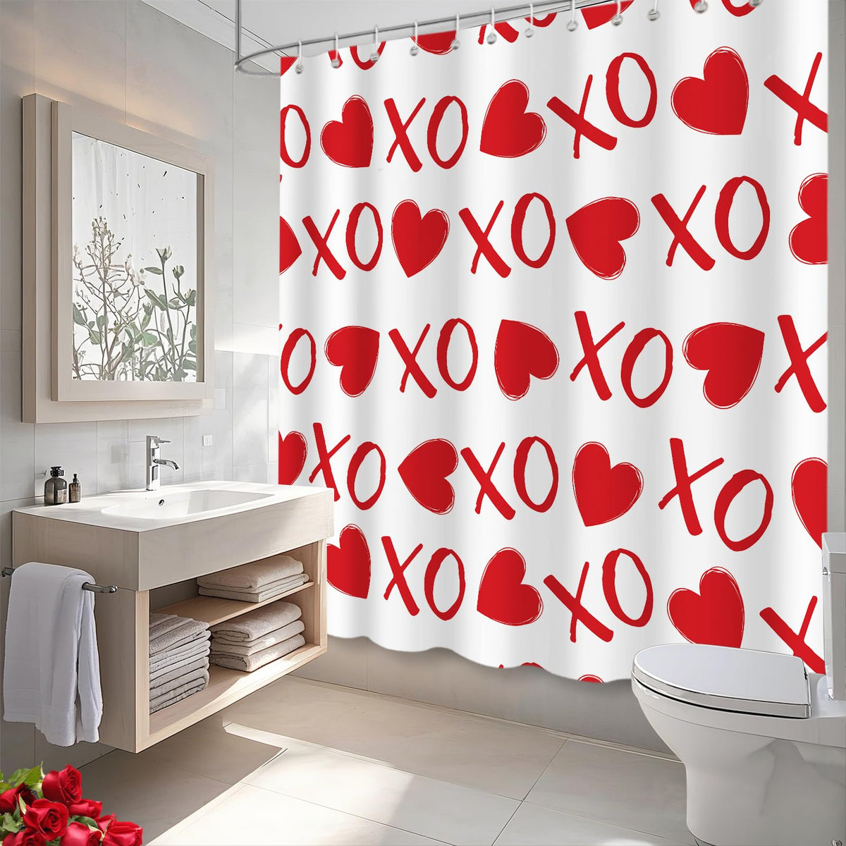 70.8"Funny Valentines Shower Curtain, XOXO Romantic Waterproof Polyester Fabric Bathroom Curtain Set