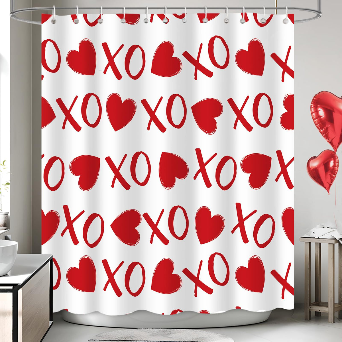 70.8"Funny Valentines Shower Curtain, XOXO Romantic Waterproof Polyester Fabric Bathroom Curtain Set