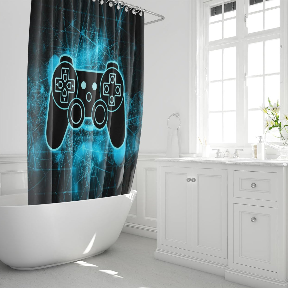 70.8" Game Shower Curtain for Boy - Blue and Black Gaming Kids Gamer Waterproof Polyester Shower Curtains
