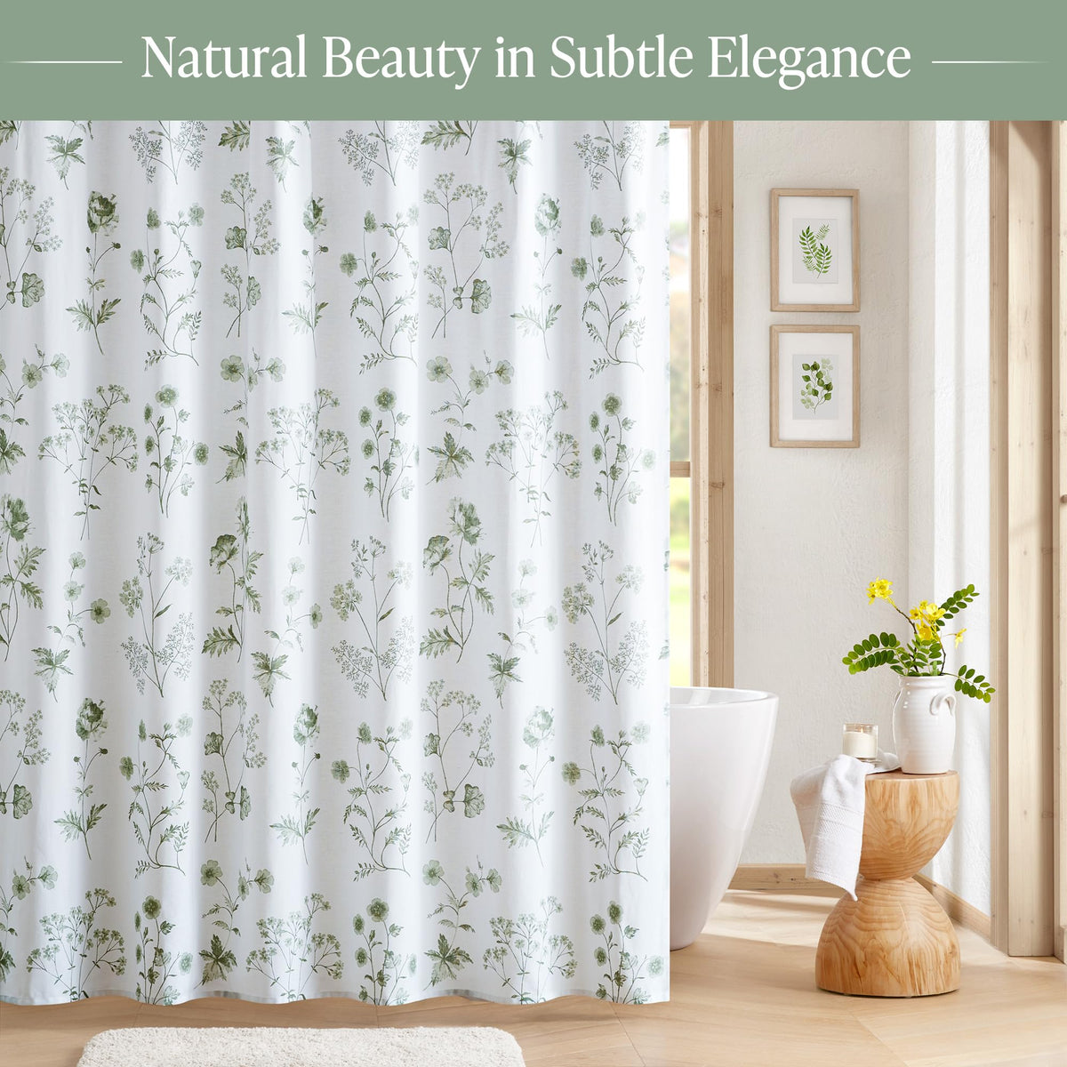 Sage Green Garden Shower Curtain Botanical Floral Print Cotton Shower Curtain for Bathroom 70.8 Inch
