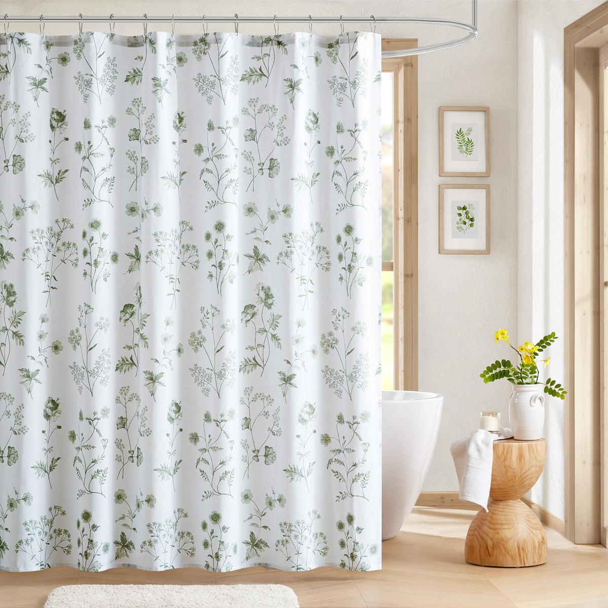 Sage Green Garden Shower Curtain Botanical Floral Print Cotton Shower Curtain for Bathroom 70.8 Inch