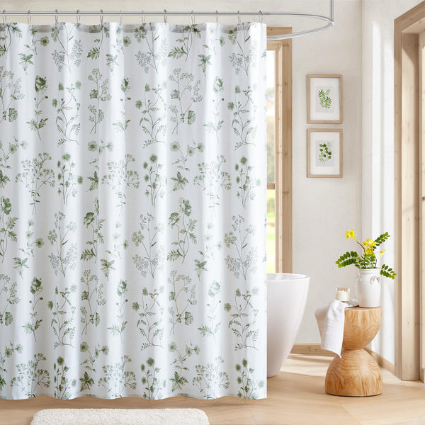Sage Green Garden Shower Curtain Botanical Floral Print Cotton Shower Curtain for Bathroom 70.8 Inch