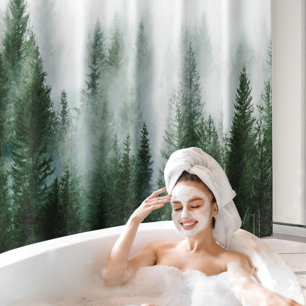 Green Shower Curtain, 70.8 Inch Misty Forest Pattern, Nature Woodland Artistic Pine Tree Fog Bath Curtain
