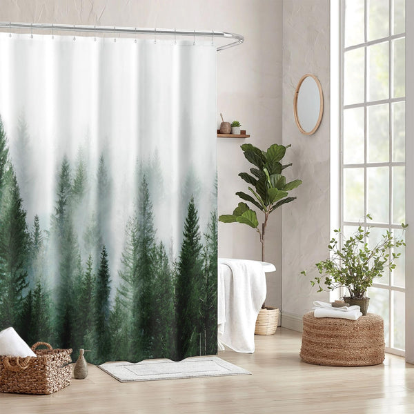 Green Shower Curtain, 70.8 Inch Misty Forest Pattern, Nature Woodland Artistic Pine Tree Fog Bath Curtain