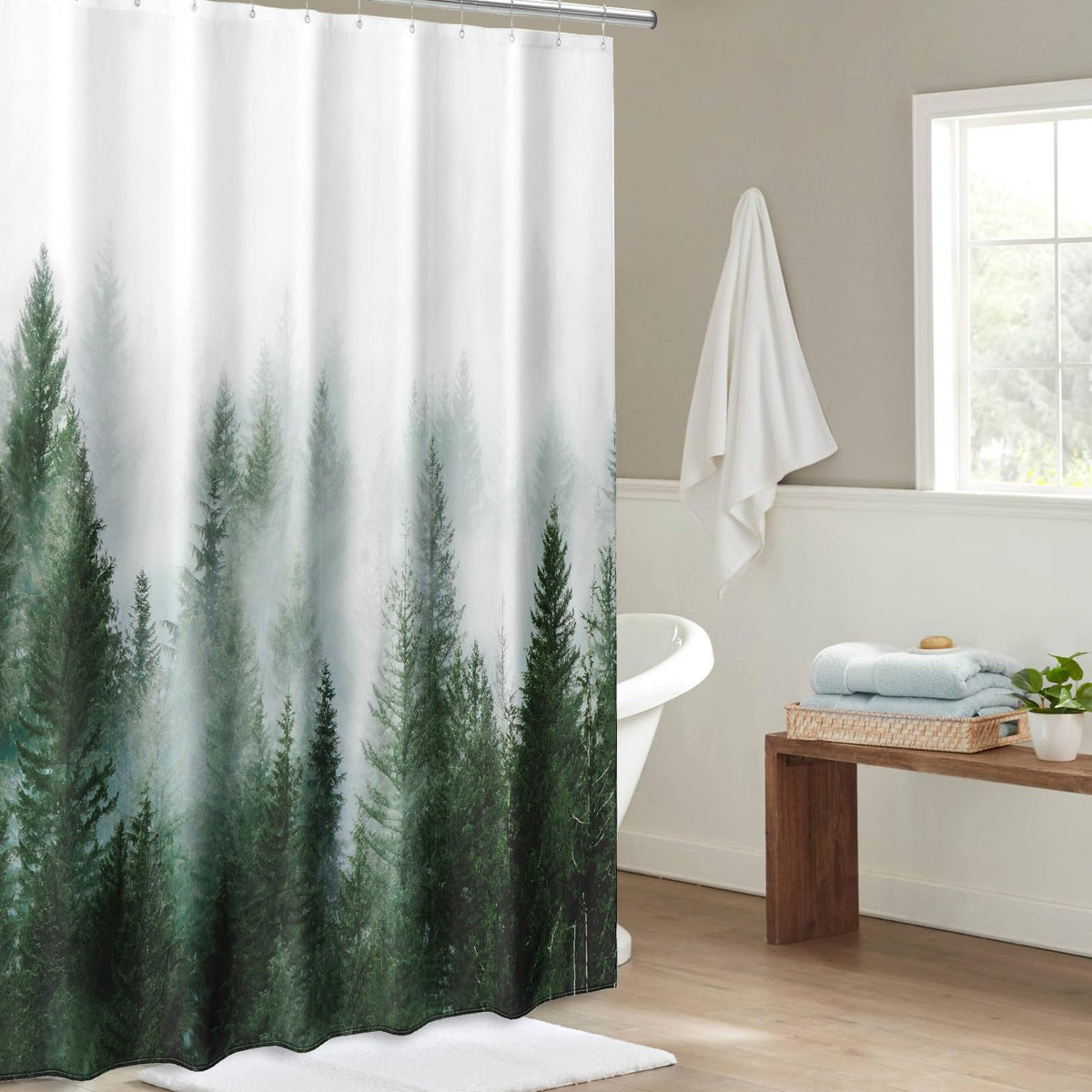 Green Shower Curtain, 70.8 Inch Misty Forest Pattern, Nature Woodland Artistic Pine Tree Fog Bath Curtain