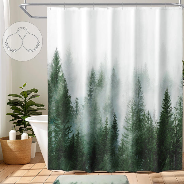 Green Shower Curtain, 70.8 Inch Misty Forest Pattern, Nature Woodland Artistic Pine Tree Fog Bath Curtain