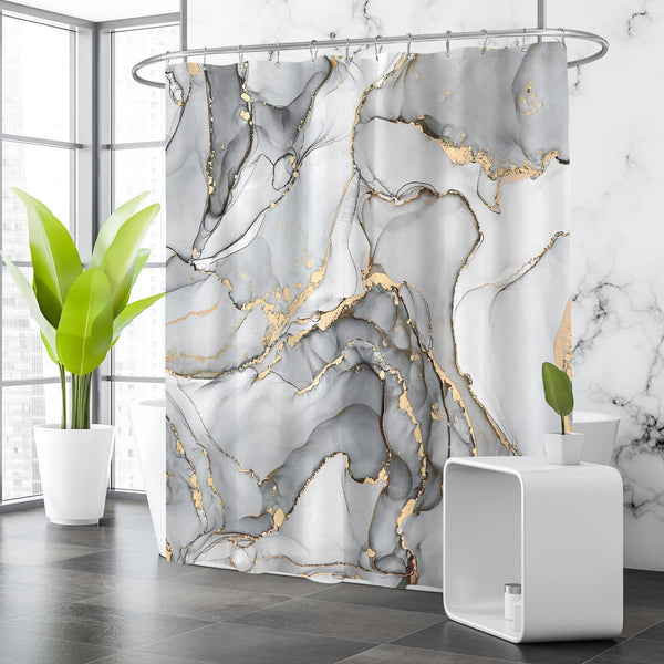 Grey Marble Shower Curtain, 70.8"Modern Abstract Luxury Art Decor Silver Gray Gold Ink Texture Watercolor