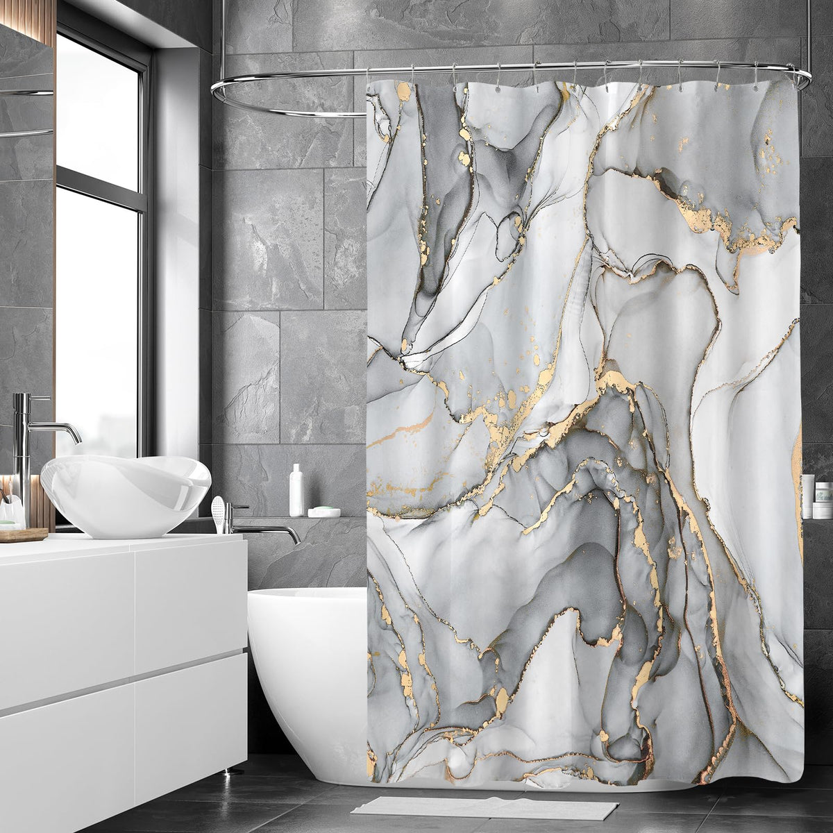 Grey Marble Shower Curtain, 70.8"Modern Abstract Luxury Art Decor Silver Gray Gold Ink Texture Watercolor