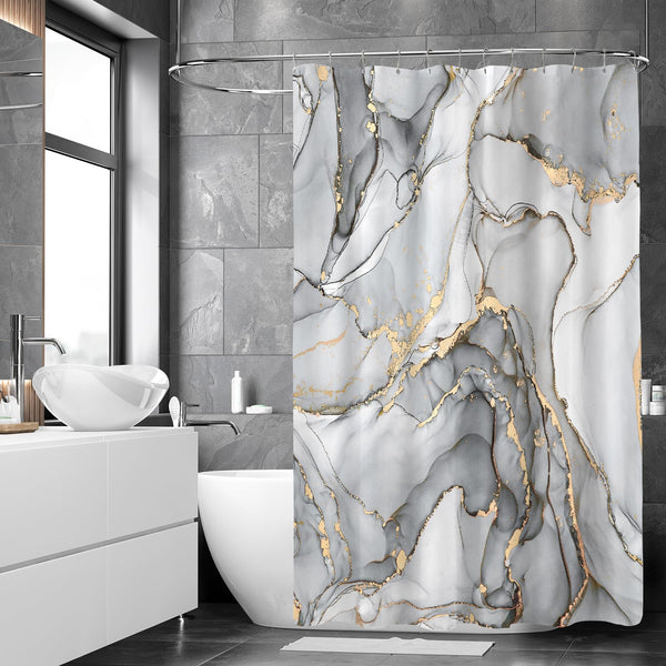 Grey Marble Shower Curtain, 70.8"Modern Abstract Luxury Art Decor Silver Gray Gold Ink Texture Watercolor