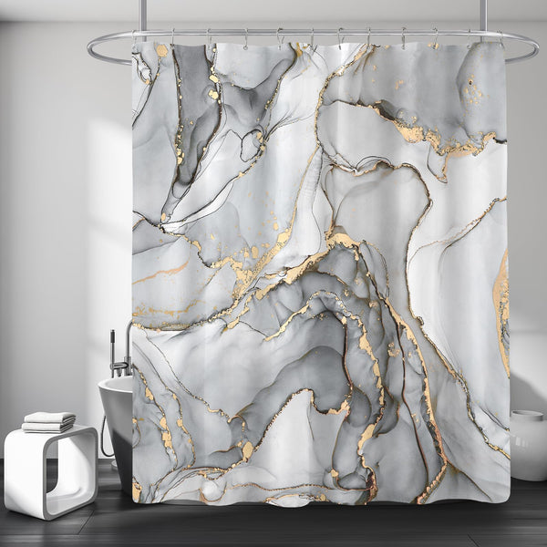 Grey Marble Shower Curtain, 70.8"Modern Abstract Luxury Art Decor Silver Gray Gold Ink Texture Watercolor