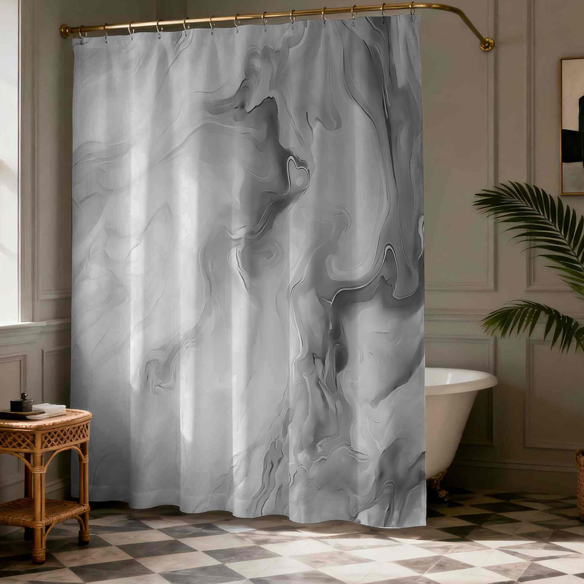 Grey Marble Shower Curtain, 70.8"Abstract Gray and White Shower Curtain with Hooks Modern Art Decor