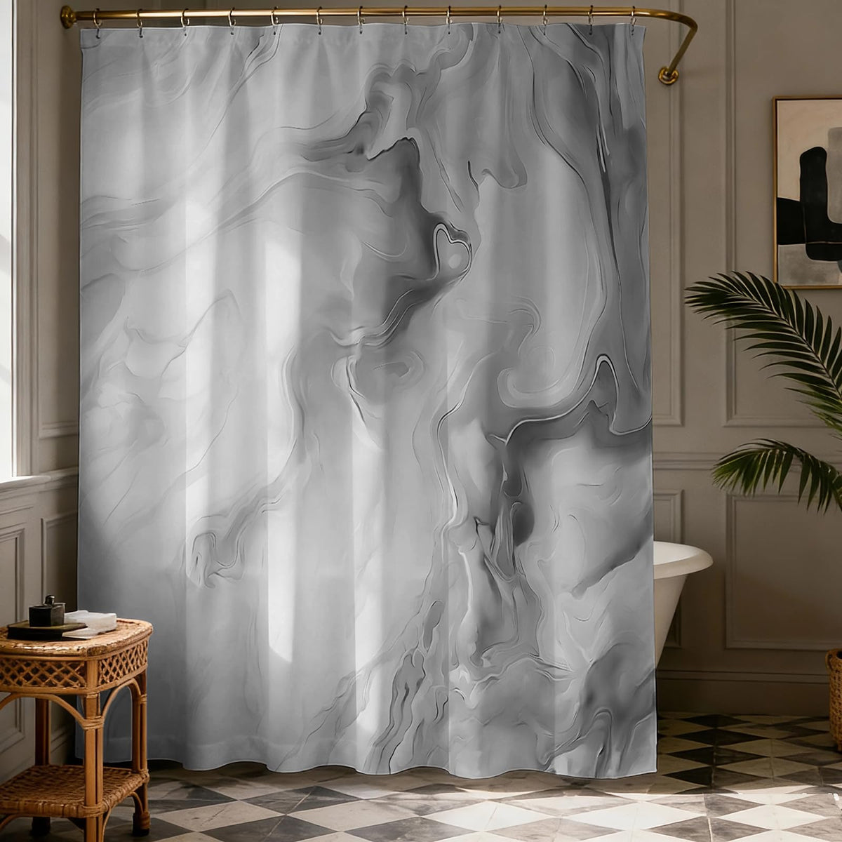 Grey Marble Shower Curtain, 70.8"Abstract Gray and White Shower Curtain with Hooks Modern Art Decor