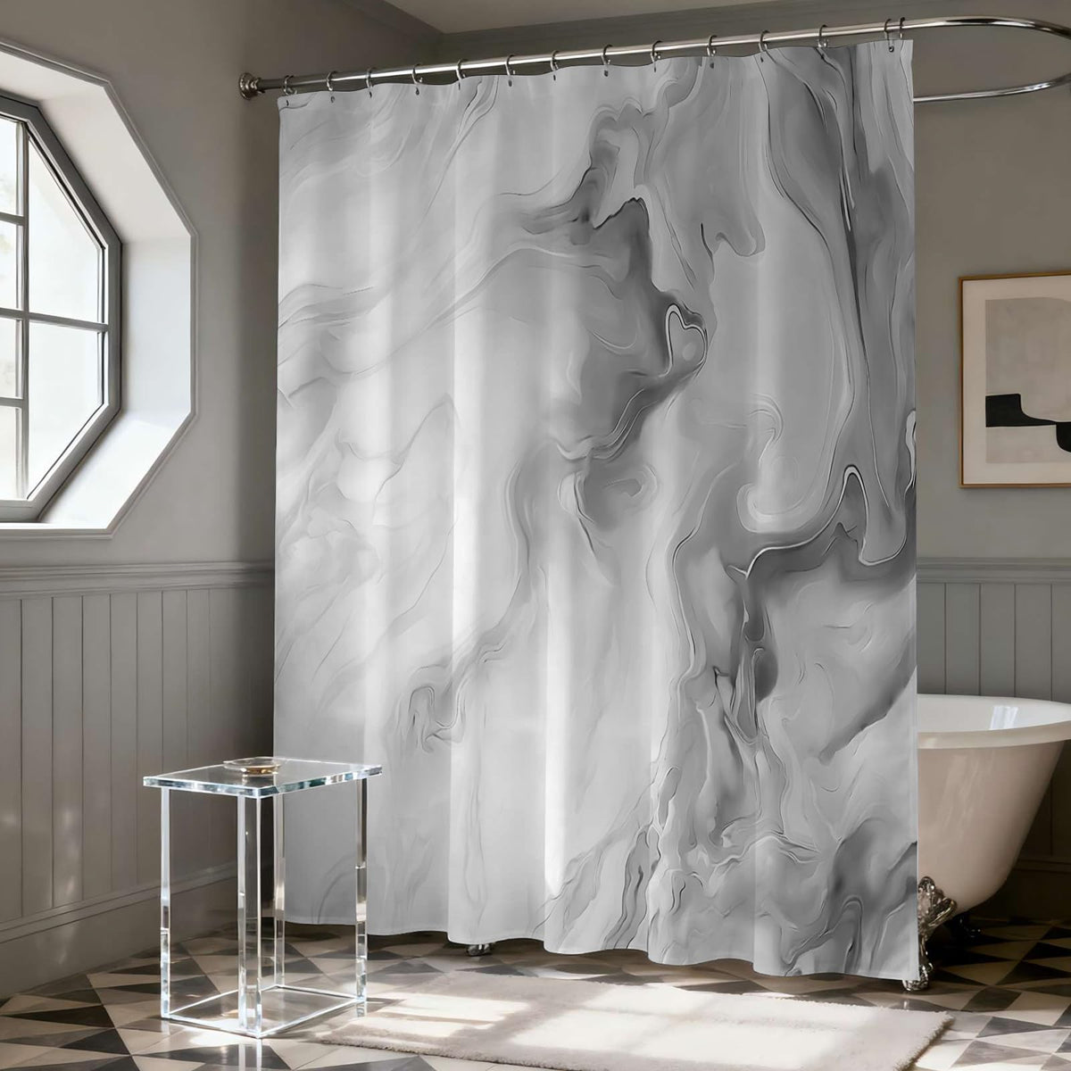 Grey Marble Shower Curtain, 70.8"Abstract Gray and White Shower Curtain with Hooks Modern Art Decor
