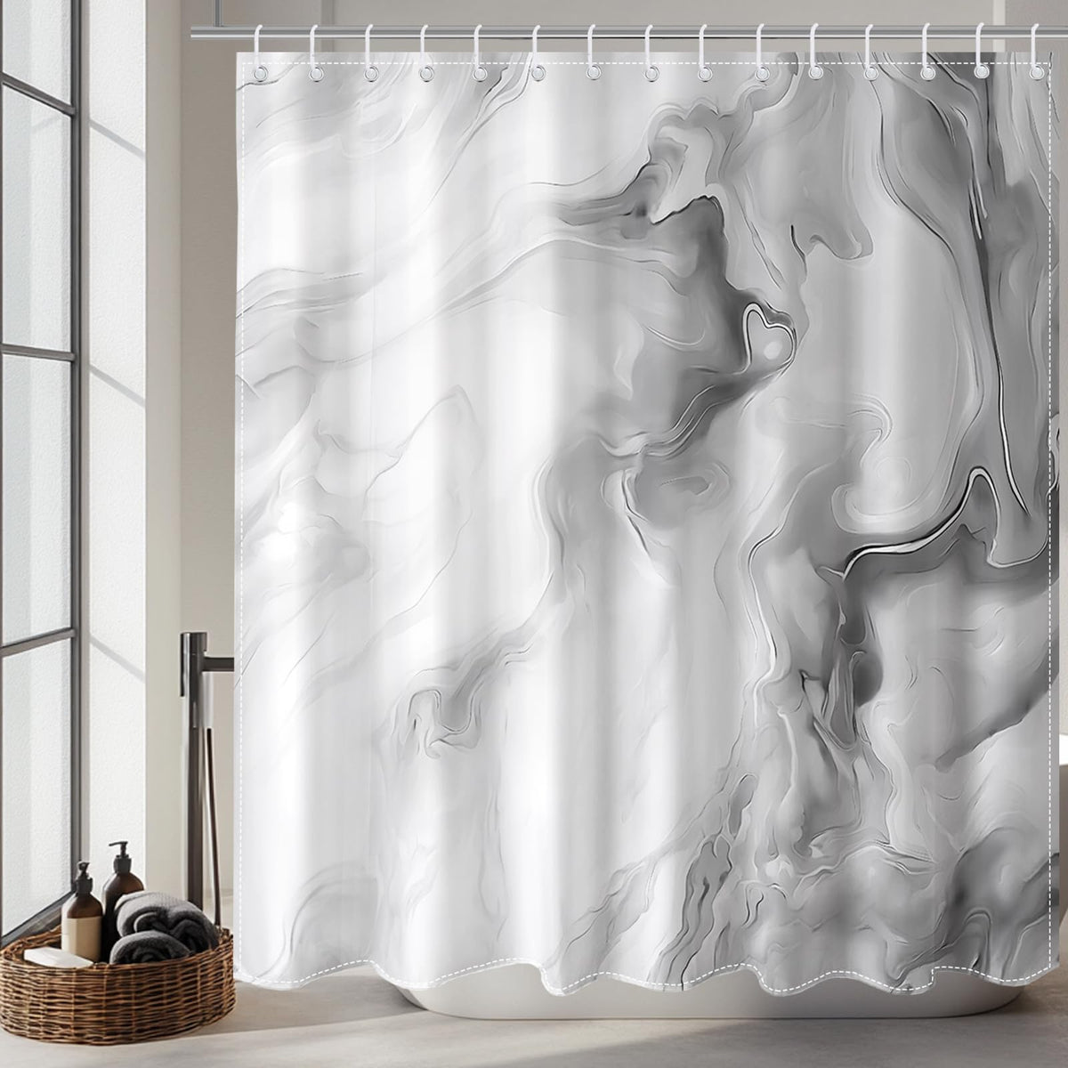 Grey Marble Shower Curtain, 70.8"Abstract Gray and White Shower Curtain with Hooks Modern Art Decor