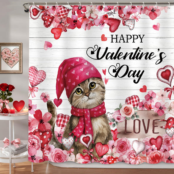 70.8"Happy Valentine's Day Shower Curtain, Farmhouse Watercolor Pink Floral Love Hearts Cute Cat