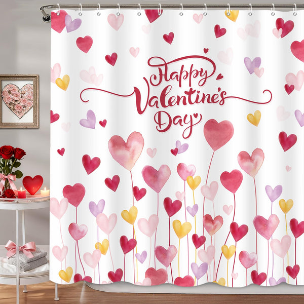 Happy Valentine's Day Shower Curtain,70.8"Watercolor Red and Pink Sweet Love Hearts Shower Curtain