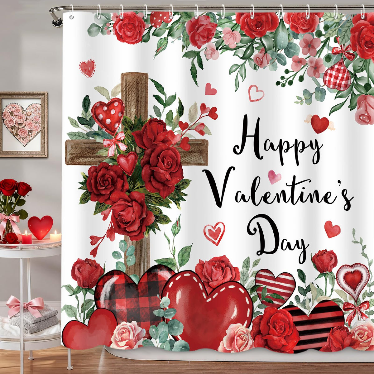 Happy Valentine's Shower Curtain, 70.8"Religious Cross Red Roses Heart Shower Curtain for Valentine's Day