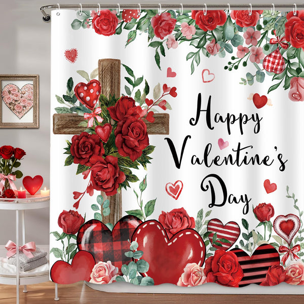Happy Valentine's Shower Curtain, 70.8"Religious Cross Red Roses Heart Shower Curtain for Valentine's Day