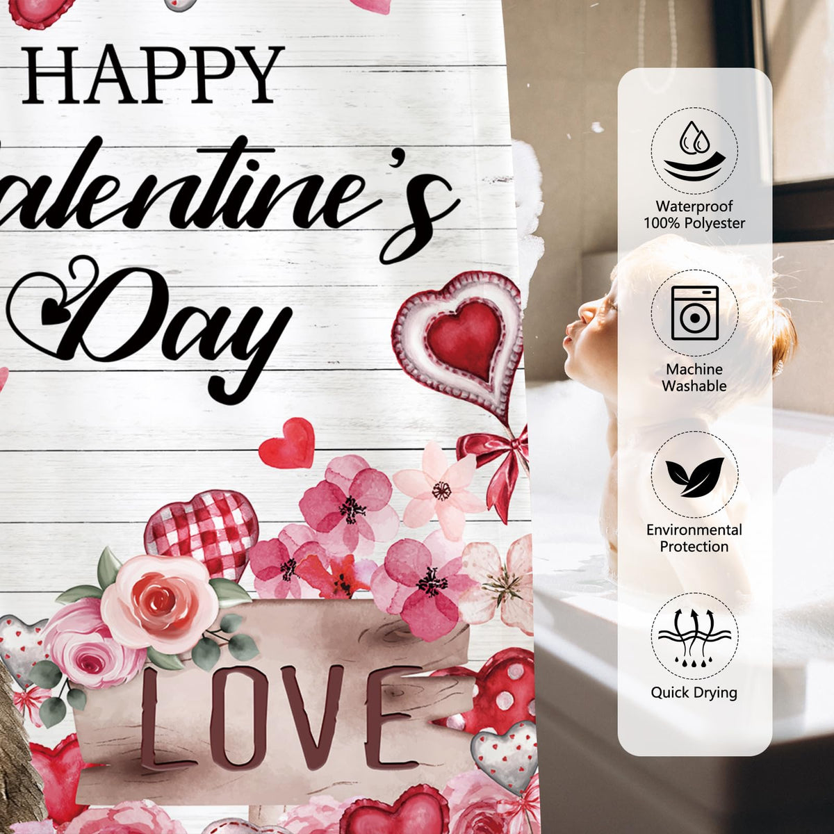 70.8"Happy Valentine's Day Shower Curtain, Farmhouse Watercolor Pink Floral Love Hearts Cute Cat