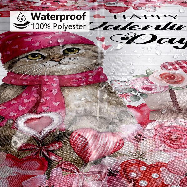 70.8"Happy Valentine's Day Shower Curtain, Farmhouse Watercolor Pink Floral Love Hearts Cute Cat