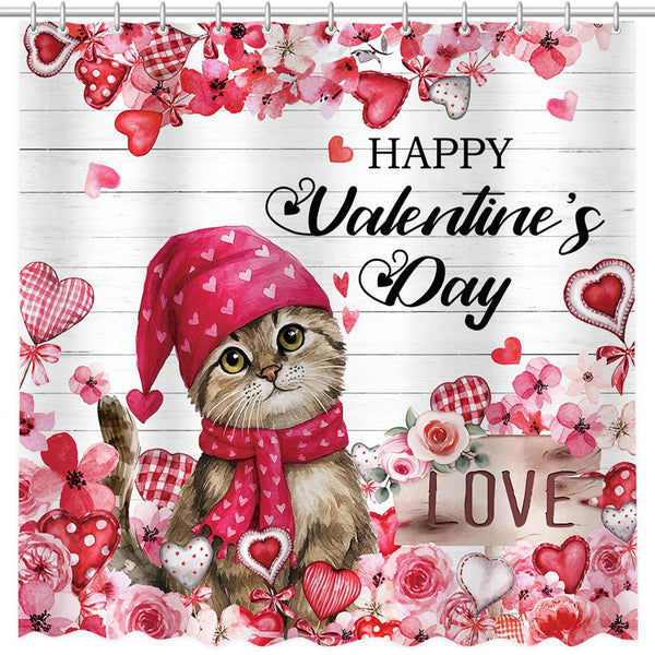 70.8"Happy Valentine's Day Shower Curtain, Farmhouse Watercolor Pink Floral Love Hearts Cute Cat