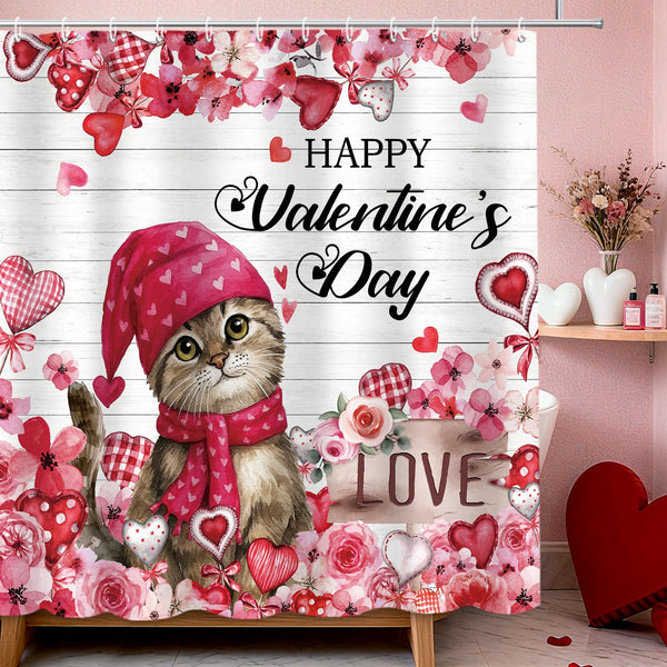 70.8"Happy Valentine's Day Shower Curtain, Farmhouse Watercolor Pink Floral Love Hearts Cute Cat