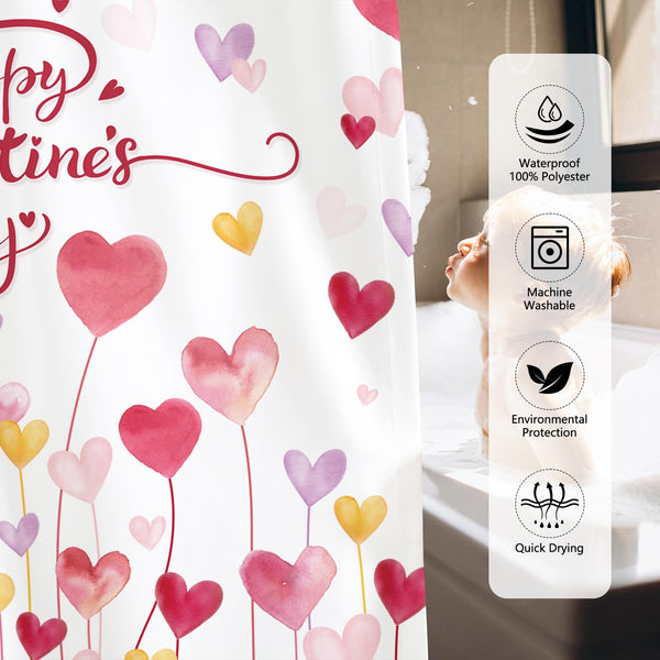 Happy Valentine's Day Shower Curtain,70.8"Watercolor Red and Pink Sweet Love Hearts Shower Curtain