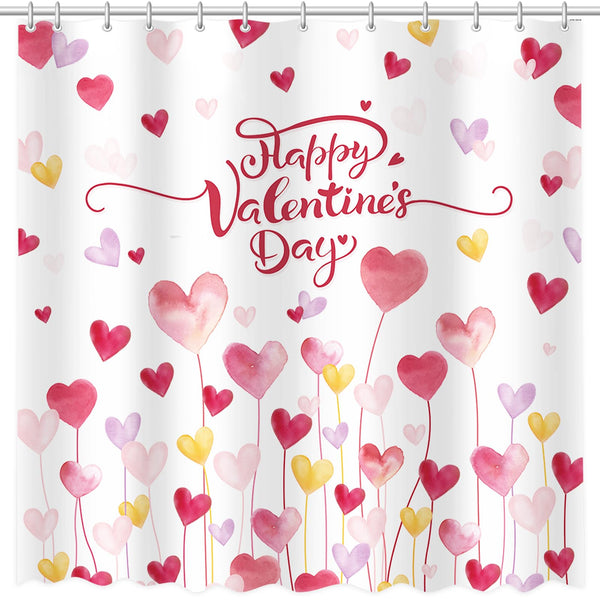 Happy Valentine's Day Shower Curtain,70.8"Watercolor Red and Pink Sweet Love Hearts Shower Curtain