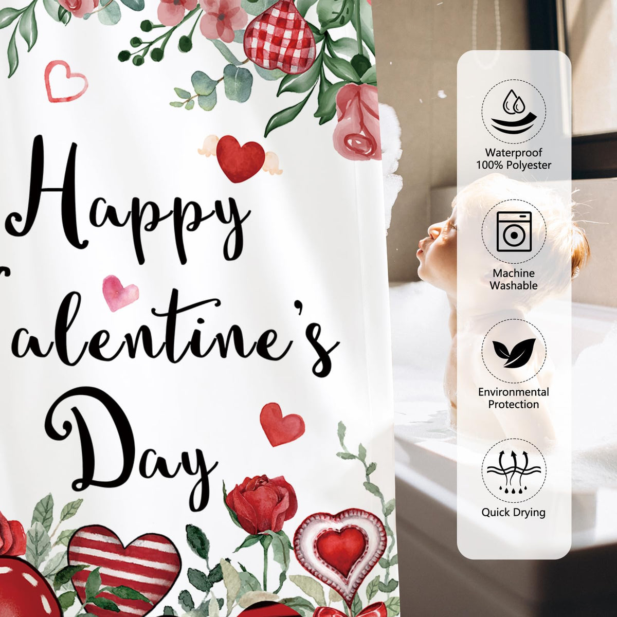 Happy Valentine's Shower Curtain, 70.8"Religious Cross Red Roses Heart Shower Curtain for Valentine's Day