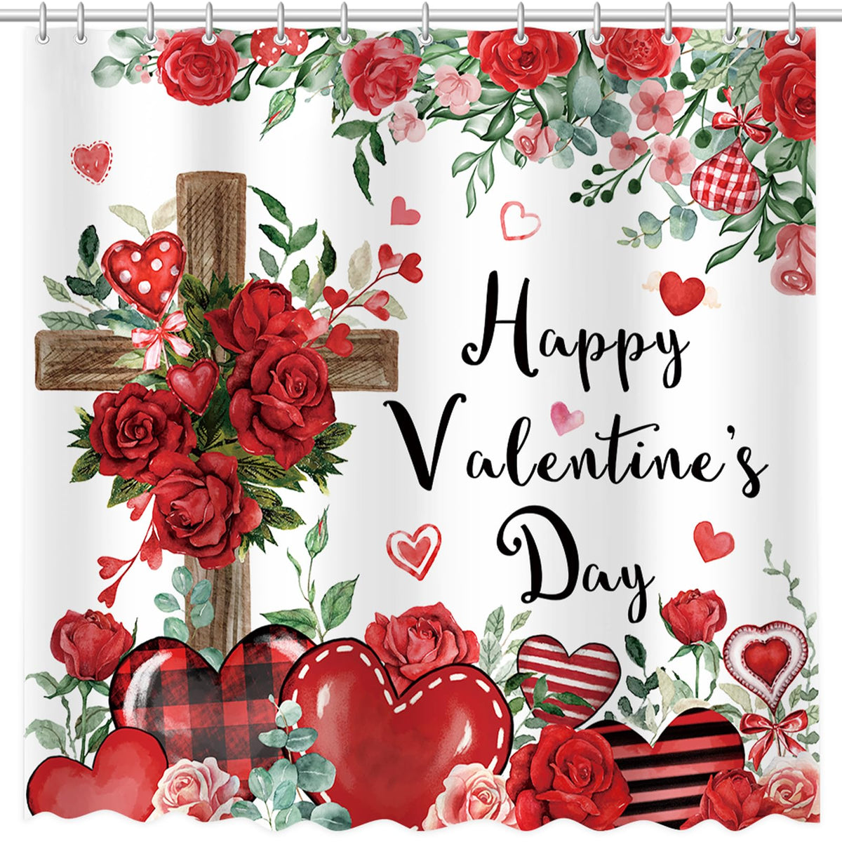 Happy Valentine's Shower Curtain, 70.8"Religious Cross Red Roses Heart Shower Curtain for Valentine's Day