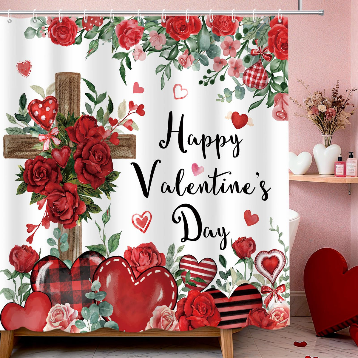 Happy Valentine's Shower Curtain, 70.8"Religious Cross Red Roses Heart Shower Curtain for Valentine's Day