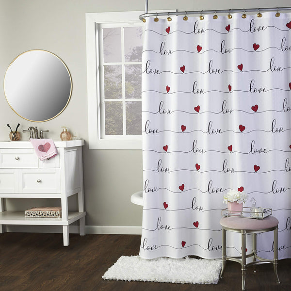 70.8"Home Valentine's Day Love Script Swiss Dot Fabric Shower Curtain, White