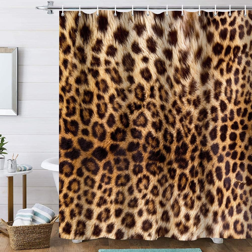 Leopard Shower Curtain, Brown Cheetah Print Waterproof Polyester Shower Curtains with Hooks 70.8 Inch
