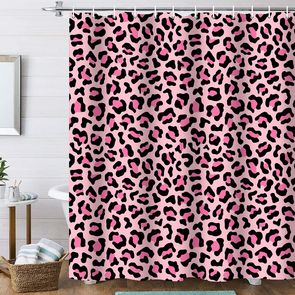 Pink Leopard Shower Curtain,Cheetah Waterproof Polyester Shower Curtain with Hooks 70.8 Inch